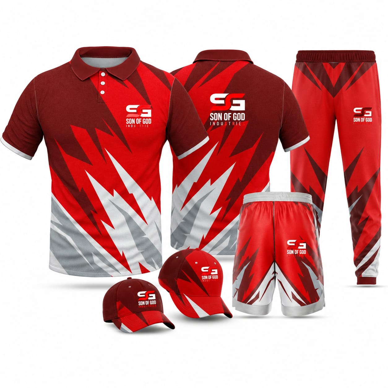 Son of God Red & Grey Custom Sportswear Set – Polo, Pants, Shorts & Cap