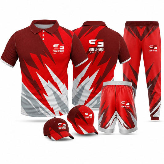 Son of God Red & Grey Custom Sportswear Set – Polo, Pants, Shorts & Cap